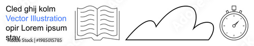 Education, digital storage, time management, data organization, learning resources, productivity tools. Minimalist open book, cloud outline and stopwatch icons. Education and digital storage concept