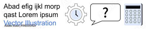 Productivity, time management, business solutions, analytics, computation, communication . Gear with clock, speech bubble with question mark and calculator symbols. Time management and business