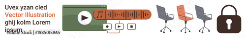 Media, workplace setup, security, digital privacy, audio editing, ergonomic design. A playback bar, office chairs and a padlock graphic. Media and workplace setup concepts
