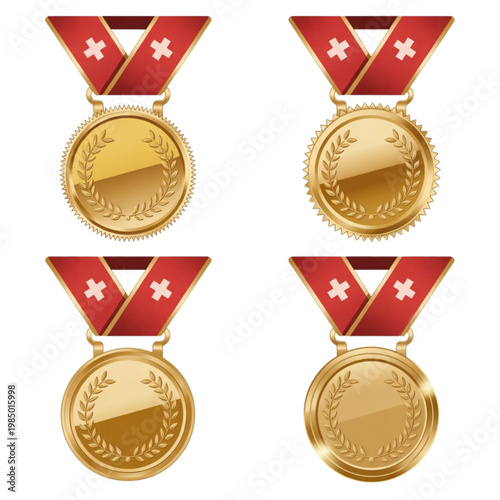 A set of four gold medals with red ribbons and white stars on a plain white background