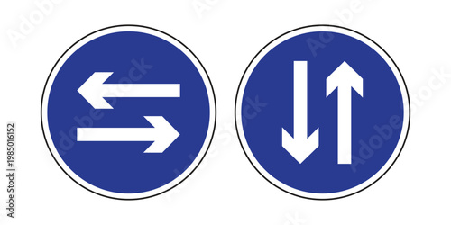 Two Way Traffic Mandatory Signs Vector Blue Circular Arrows, Opposite Direction Road Signs Horizontal and Vertical for Traffic Regulation and Driving Guidance