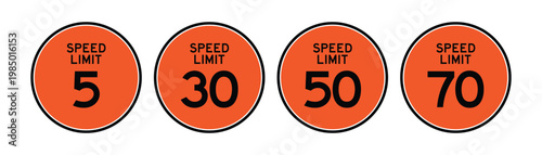 Speed Limit Signs Set Vector Orange Background 5 30 50 70, Construction Zone Traffic Speed Limit Icons for Road Safety, Driving Regulations and Transport Design