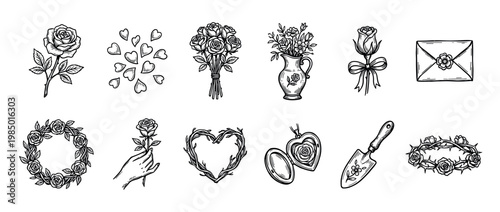 Various hand-drawn black and white rose and heart themed illustrations, including bouquets, wreaths, a locket, and a garden trowel, isolated on a clean white background