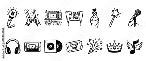 Hand-drawn K-pop and music themed doodle icons collection isolated on white background, featuring concert elements, fan gestures, and musical symbols in a simple, artistic style
