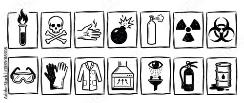 Hand-drawn laboratory safety icons depicting common hazards and protective measures, featuring symbols for fire, toxic, biohazard, and personal safety equipment, doodle style on white