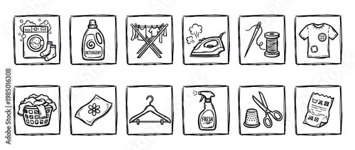 Collection of hand-drawn laundry and sewing icons, depicted in a charming doodle style with black outlines, isolated on a clean white background, representing various household tasks and clothing care