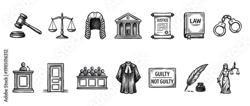 Various hand-drawn law and justice icons, including a gavel, scales, wig, courthouse, and Lady Justice, presented in a classic sketch style on a clean white background