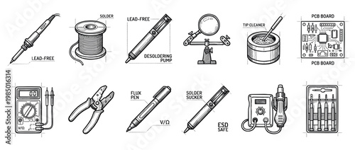 Comprehensive set of electronics repair and soldering tools, featuring a soldering iron, multimeter, and PCB board, is depicted in a detailed black and white line art style on a white background