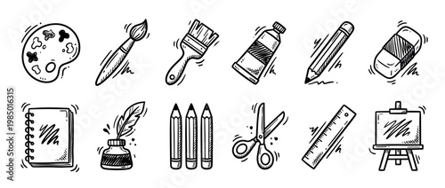 Hand drawn doodle art and school supplies collection, featuring various creative tools in a charming sketch style, isolated on a clean white background