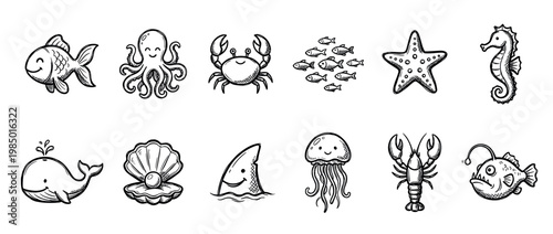 Cute hand-drawn cartoon marine animals collection, featuring various smiling sea creatures in a whimsical doodle style, isolated on a clean white background