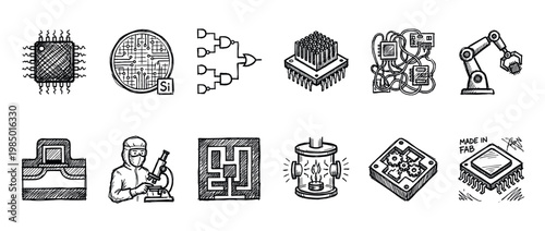 Collection of hand-drawn technology and electronics icons, depicting various aspects of semiconductor manufacturing, robotics, and circuit design, isolated on a white background