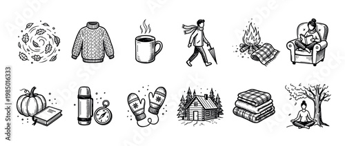 Collection of hand-drawn autumn and winter icons depicting cozy comfort, outdoor activities, and seasonal elements in a black and white doodle style, isolated on white