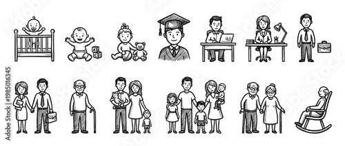 Hand drawn black and white illustrations depicting the human life cycle from baby to elderly, including families and professionals, isolated on a white background