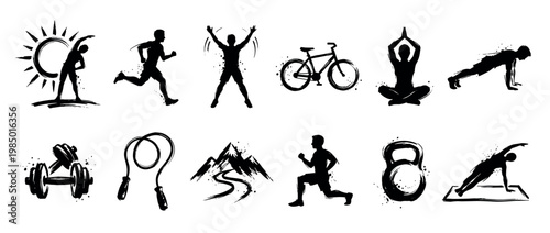 Various black grunge fitness activity icons are displayed in a collection on a clean white background, showcasing different exercises and sports
