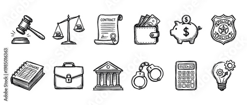 Collection of hand-drawn legal, financial, and business icons, rendered in a detailed sketch style, representing justice, commerce, and administration, isolated on a white background
