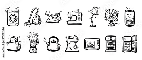 Diverse collection of hand-drawn household appliances, including kitchen gadgets, cleaning tools, and entertainment devices, rendered in a charming black and white doodle style 