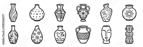 Collection of twelve hand-drawn decorative vases and pots, featuring various unique shapes and intricate patterns, presented in a rustic outline style isolated on a clean white background