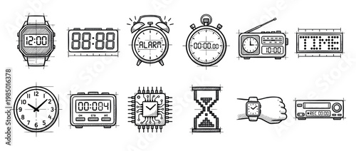 Various hand-drawn time and electronic device icons, including clocks, watches, a stopwatch, radio, and microchip, rendered in a detailed sketch style on a clean white background