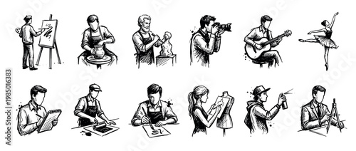Collection of black and white hand-drawn illustrations depicting various people engaged in creative arts and crafts, showcasing different artistic professions and hobbies in a sketchy