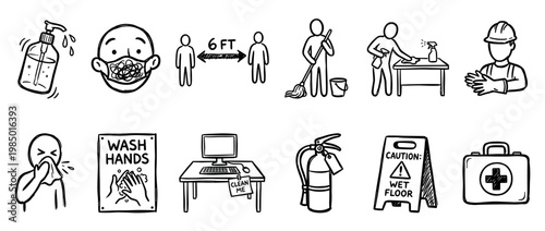 Collection of hand-drawn safety and hygiene icons, depicting various health precautions and workplace safety measures, isolated on a clean white background