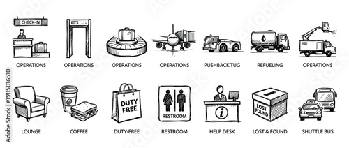 Collection of hand-drawn airport service icons, depicting various travel operations and passenger amenities in a clean, black and white sketch style on a white background
