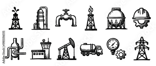 Collection of hand-drawn energy industry icons, featuring various oil, gas, and power elements in a doodle sketch style, isolated on a clean white background