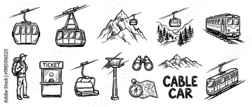 Various hand-drawn black and white illustrations depict mountain travel and adventure elements, including cable cars, trains, mountains, and a hiker, isolated on a clean white background