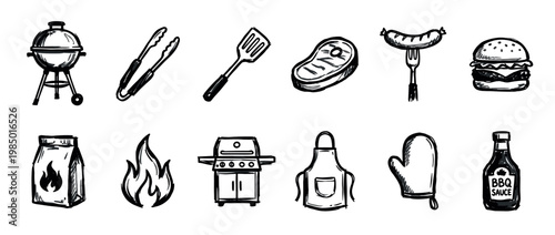 Collection of hand-drawn barbecue and grilling icons, including grills, tools, food, and accessories, presented in a doodle style on a clean white background