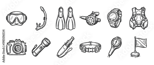Set of engraved black and white diving gear illustrations, including masks, snorkels, fins, and regulators, are neatly arranged and isolated on a clean white background, showcasing detailed line art