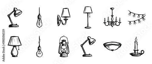 Various hand-drawn sketchy lighting fixtures and sources isolated on a clean white background, showcasing a diverse collection of lamps, bulbs, and candles in a doodle art style