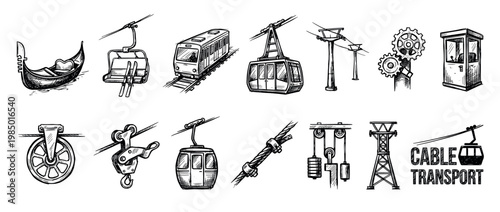 Diverse set of hand-drawn cable transport elements, including ski lifts, gondolas, trains, and various pulley systems, depicted in a detailed vintage sketch style, isolated on white