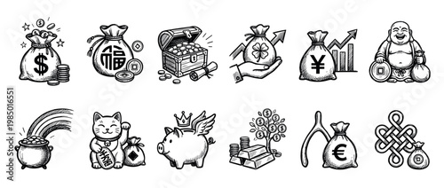 Diverse collection of hand-drawn money and luck icons, featuring various symbols of wealth, prosperity, and good fortune, isolated on a white background