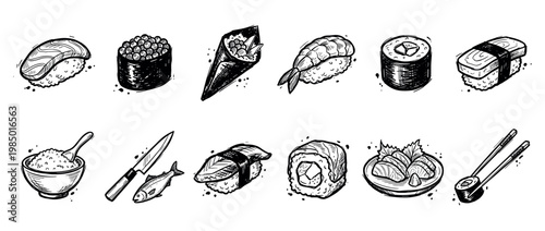 Collection of hand-drawn Japanese sushi illustrations showcases various traditional dishes and ingredients in a detailed, vintage sketch style, isolated on a white background