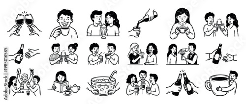 Various hand-drawn doodle illustrations of people enjoying drinks and food, depicting social gatherings, celebrations, and casual moments on a clean white background