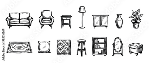 Various hand-drawn home furniture and decor items are neatly arranged, isolated on a clean white background, showcasing a charming sketch art style