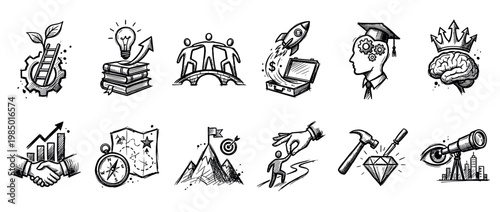 Collection of hand-drawn business and education concept icons, depicting growth, strategy, teamwork, and success in a detailed sketch style, isolated on a clean white background