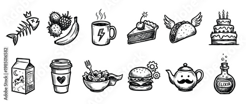 Diverse collection of hand-drawn food and drink doodle icons, featuring various meals, beverages, and whimsical elements, all isolated on a clean white background