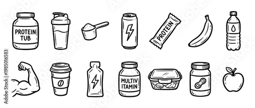 Hand-drawn fitness and nutrition icons, featuring protein supplements, healthy foods, and workout essentials, rendered in a clean black and white doodle style, isolated on white