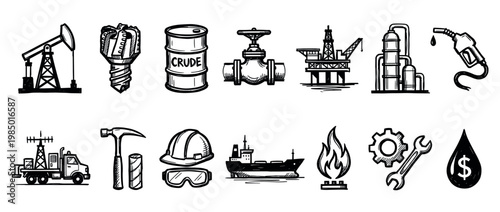 Hand drawn oil and gas industry icons, depicting various elements of energy production and industrial work, rendered in a rough sketch style with black lines on a clean white background