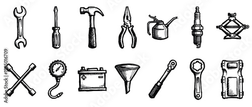 Various hand-drawn automotive and workshop tools collection, rendered in a rustic sketch style with black lines on a clean white background, showcasing essential repair and maintenance equipment