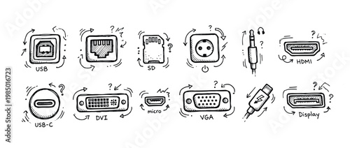 Diverse collection of hand-drawn computer port icons, including USB, HDMI, and VGA, rendered in a charming doodle sketch style on a clean white background, representing various connection types
