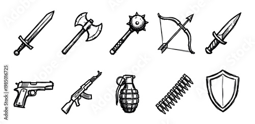 Collection of hand-drawn weapon and shield icons, rendered in a rough sketch style with bold black lines, isolated on a clean white background