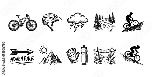 Set of hand-drawn mountain biking and outdoor adventure icons, featuring bikes, helmets, trails, mountains, and riders, rendered in a bold sketch style on a clean white background