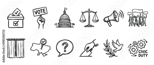 Twelve black and white hand-drawn political icons isolated on a clean white background, illustrating concepts of democracy, voting, justice, and civic duty in a simple sketch style