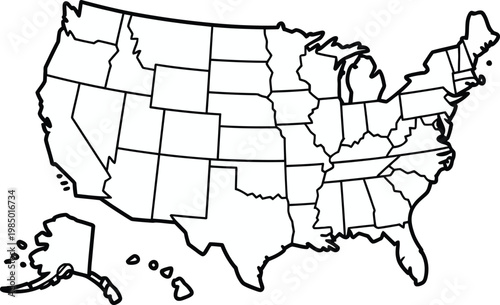 United States map outline with state borders, black and white USA vector map, blank American geography template for education and infographics