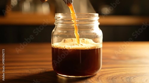 Close-up of coffee pouring into a mason jar on wooden table