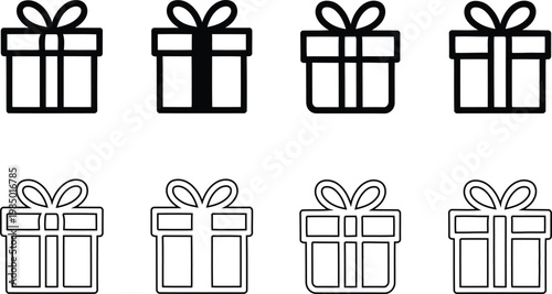 Minimalist gift box icon set, black and white present symbols for holiday shopping, 8 vector gift icons for celebration and e-commerce design