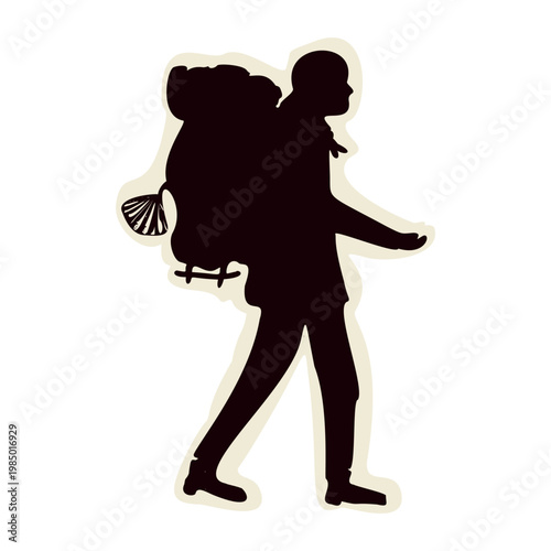 Simple pilgrim walking with backpack and scallop shell on pilgrimage. Religious figure for christianity symbol. Hand drawn black and white illustration for pilgrims way route travel