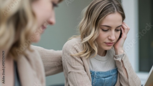 Emotional support between two women in a conversation.