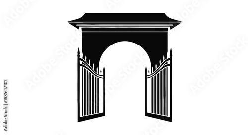 Vector illustration of open ornate gate with archway and roof silhouette vector on a transparent background